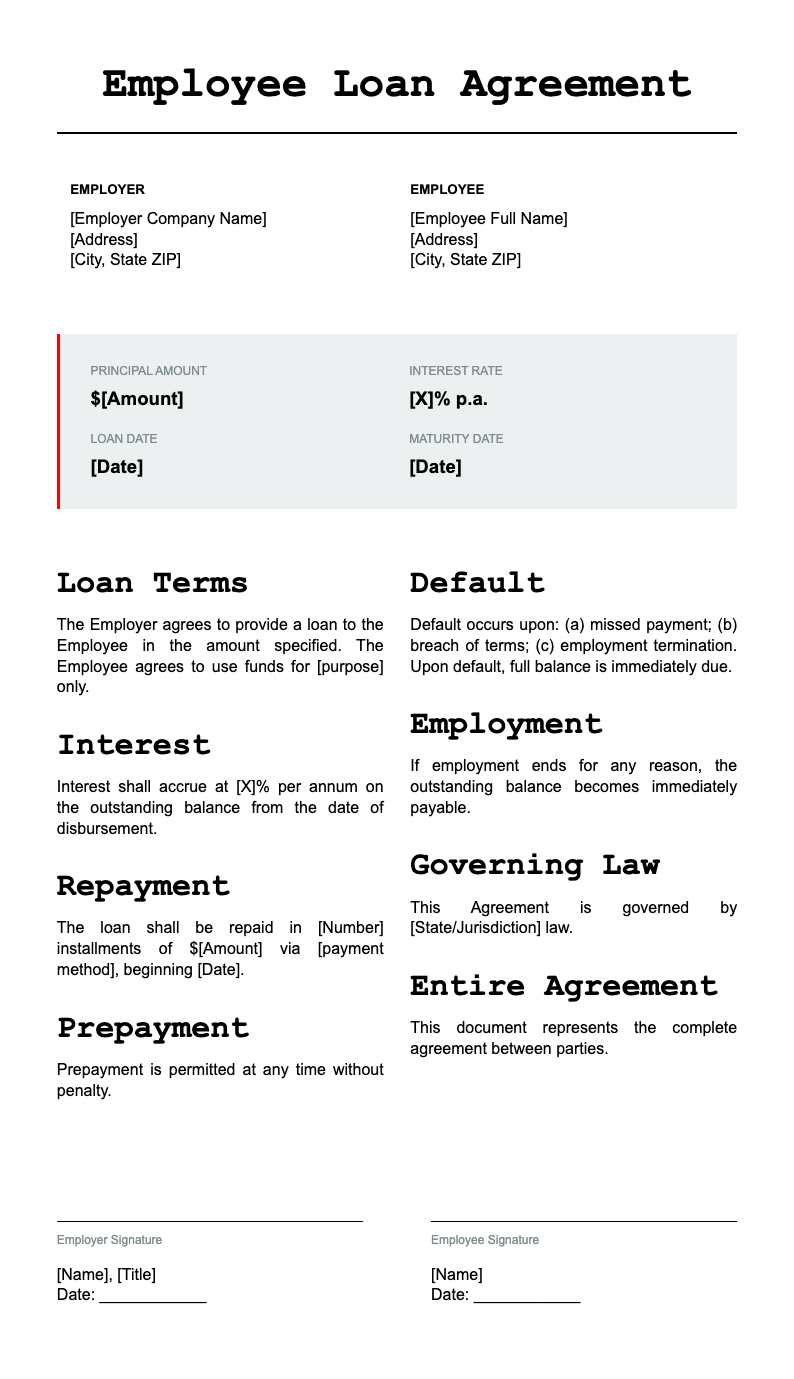 Sophisticated White Employee Loan Agreement